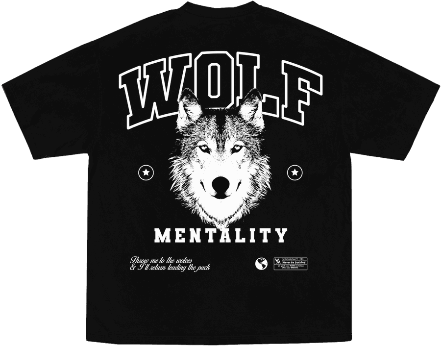 Black tee, back view, with a white WOLF MENTALITY print around a wolf head