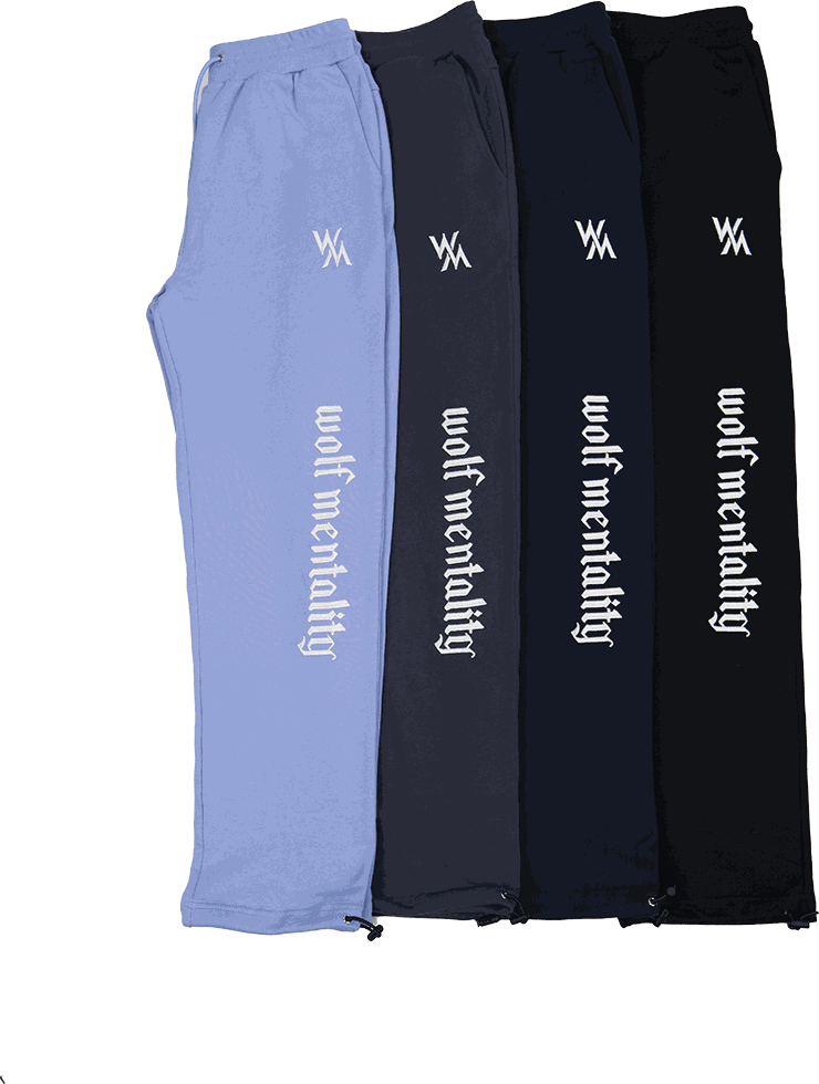 Wolf Mentality Joggers in Sky Blue, Blue Grey, Navy Blue and Black side by side, with a script logo down the leg