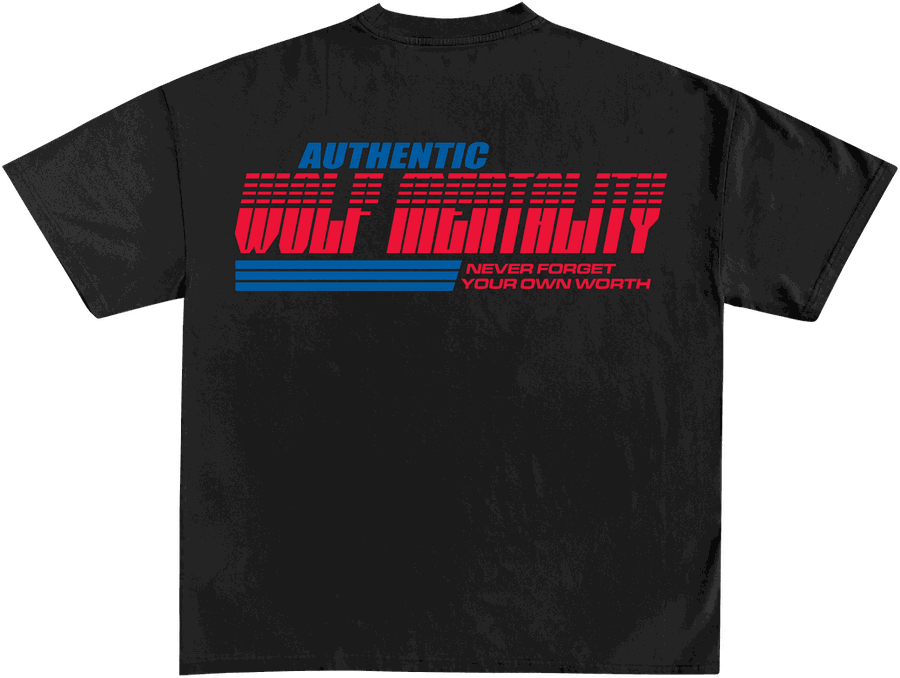 Black oversized tee, back view, with a red and blue AUTHENTIC WOLF MENTALITY print