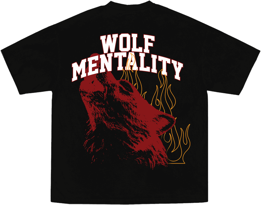 Black tee with a red wolf and flames print