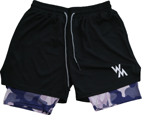 Black shorts with a white WM logo, worn over camo liner shorts